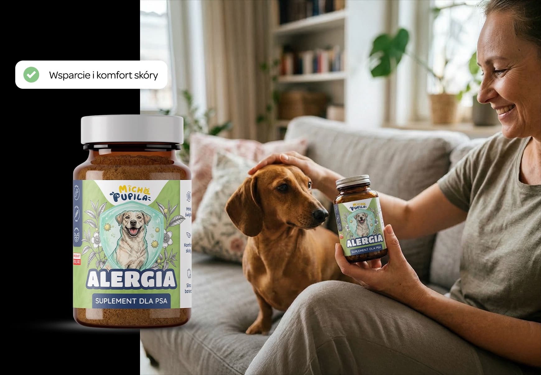 Suplement Alergia Micha Pupila – kobieta z psem i produktem